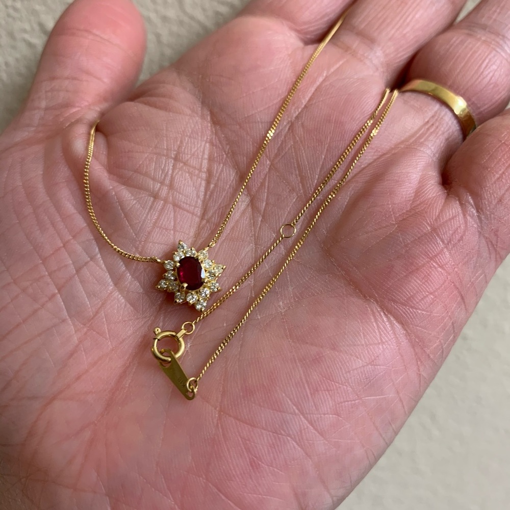 Solid 18k Yellow Gold Ruby And Diamond Necklace - image 6
